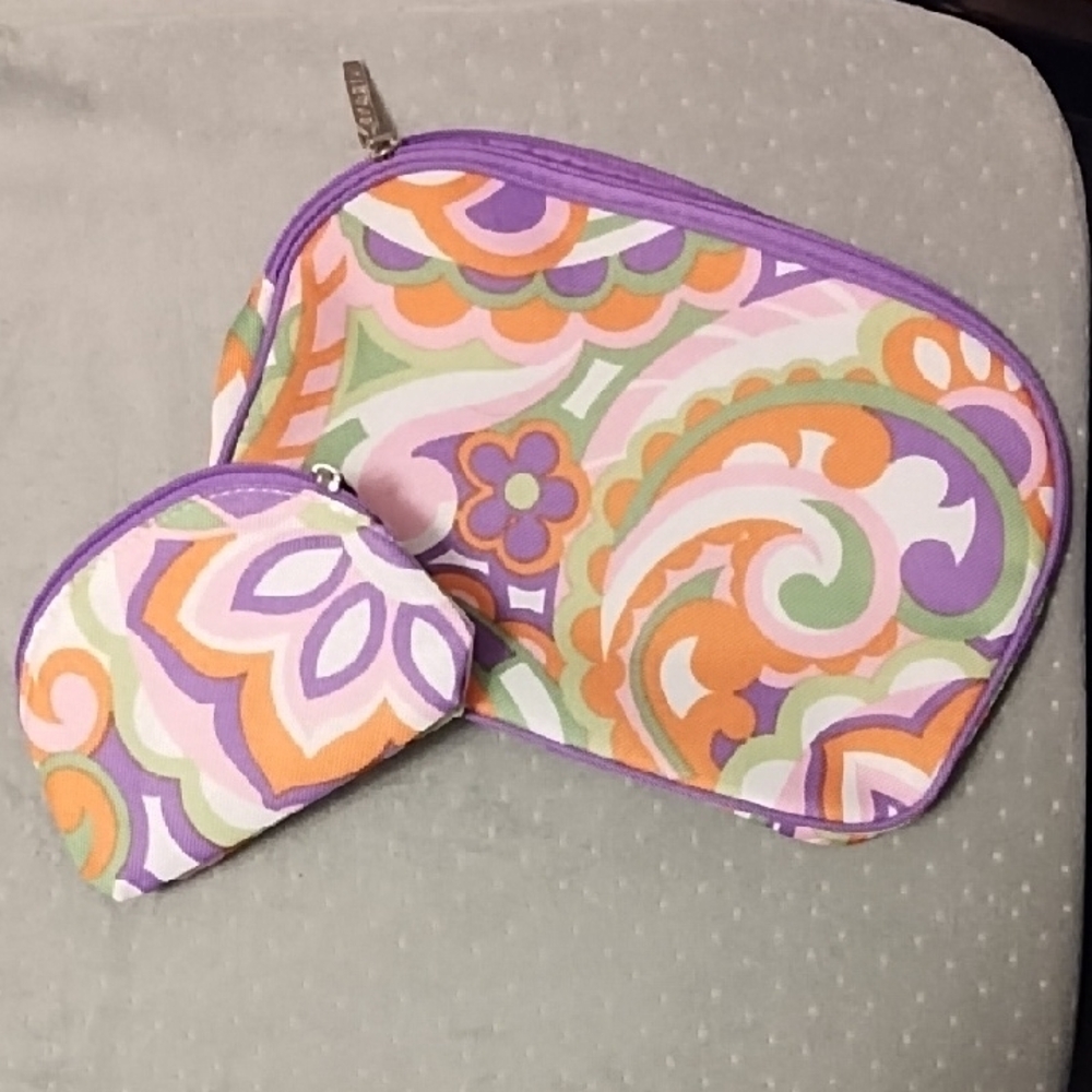 Clinique Purple and Orange Cosmetic Bags Set with Retro Paisley Design
